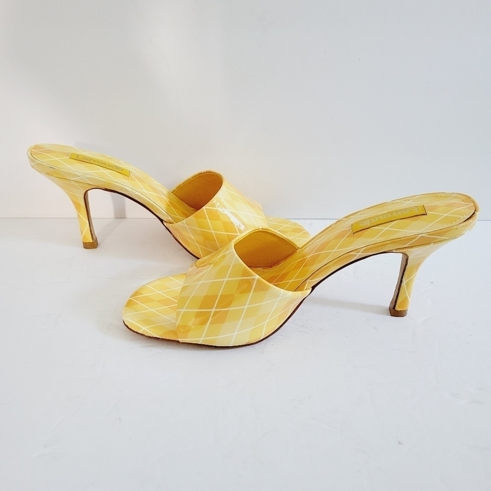 NEW LARROUDE Colette Heel In Argyle Sun Yellow Slide Sandals Size 7
